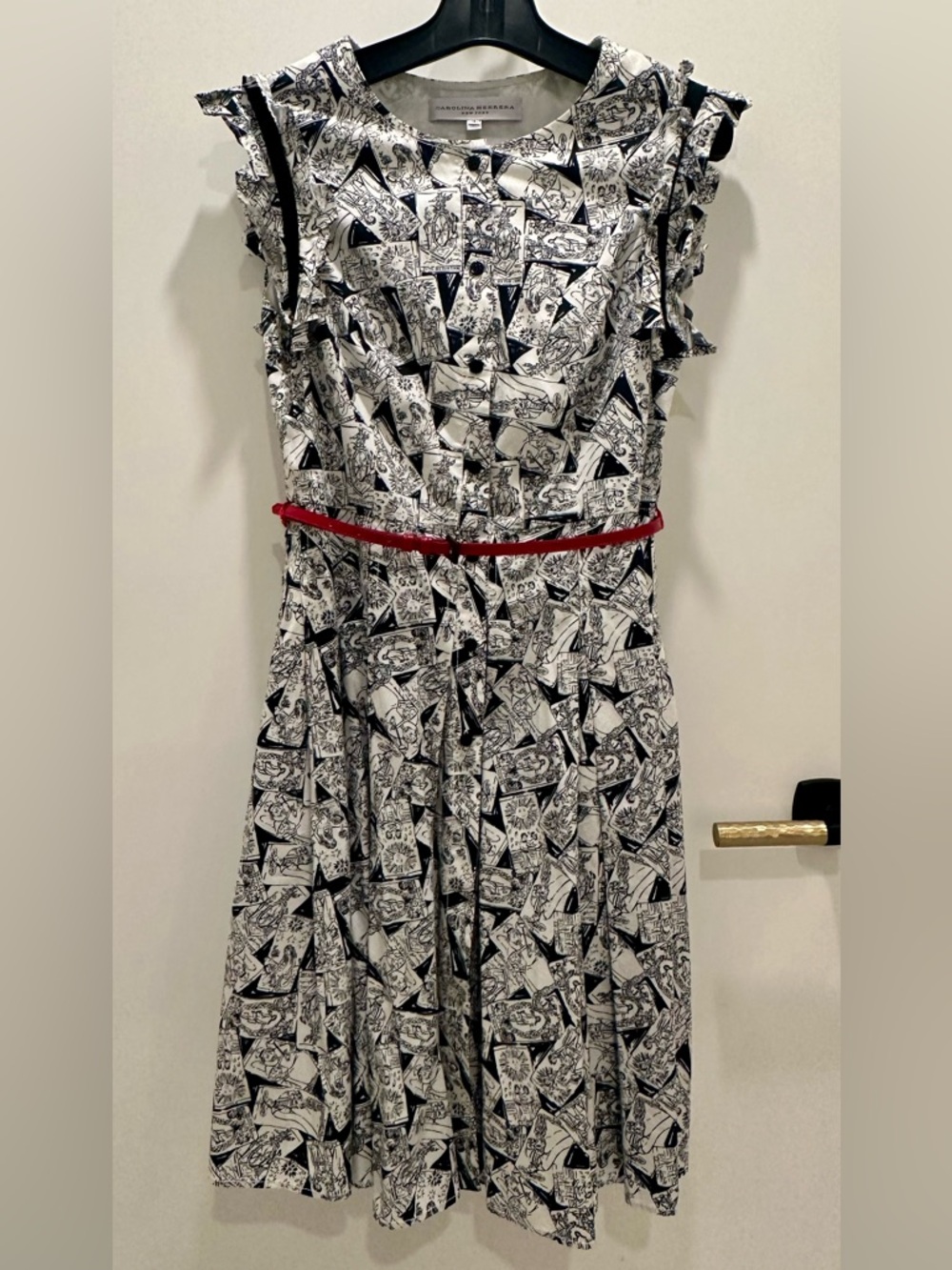 Carolina Herrera Black & White Printed Midi Dress with Red Belt